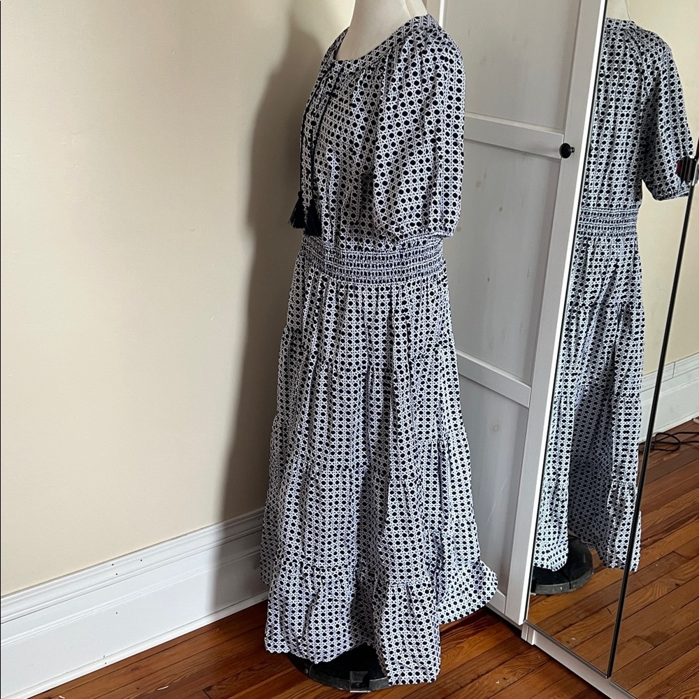 Chico’s Poplin Basket Weave Maxi Dress Smocked Tassel Blue White Chicos Size 3 - Picture 9 of 13